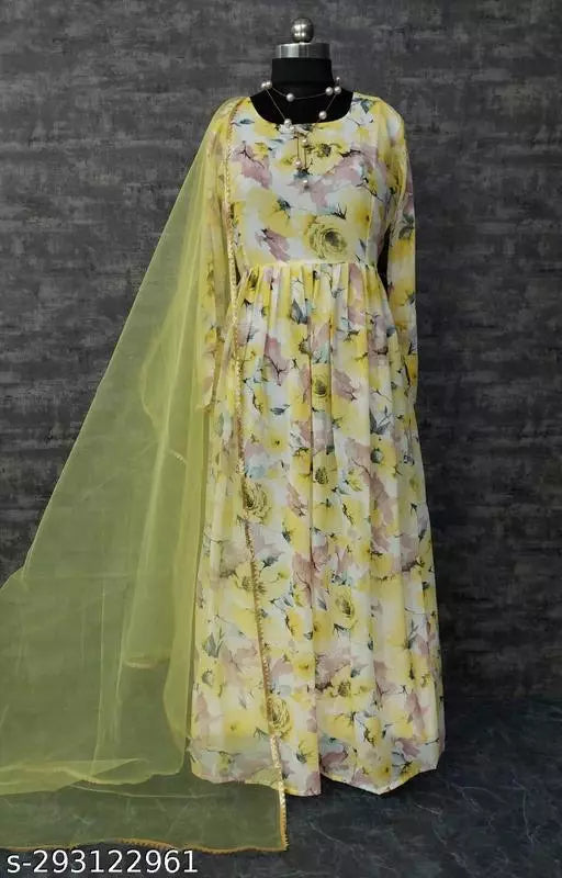 QVAZOR Stylish Fancy Trendy Printed Georgette Gown For Women For Party Wedding Festival Functions