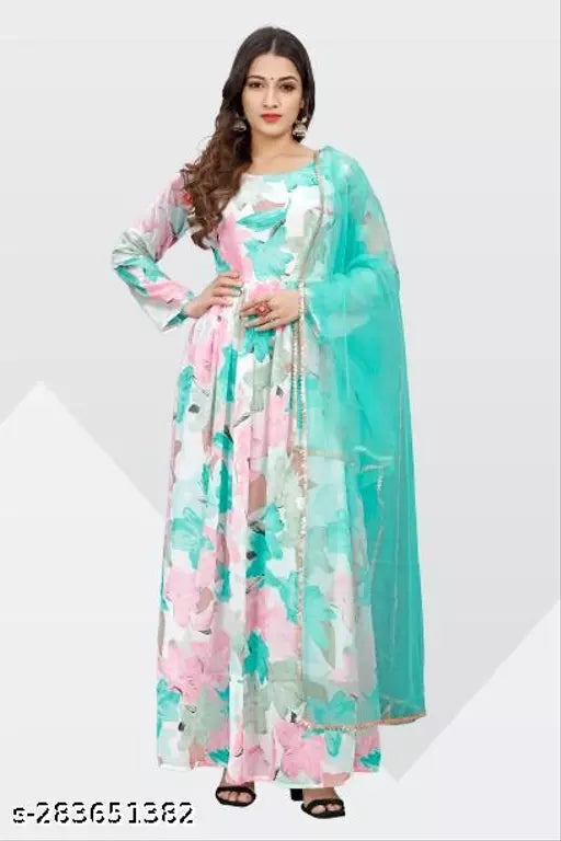 QVAZOR Stylish Fancy Trendy Printed Georgette Gown For Women For Party Wedding Festival Functions
