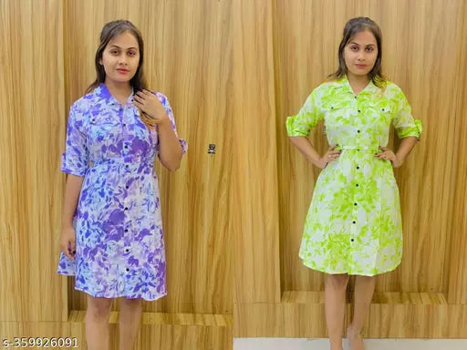 JKP COLLECTION Women's & Girls's Stylish Rayon Collared Shirt Flared Mini Dress with Waist Belt  Pack Of 2 Neon Lavendar