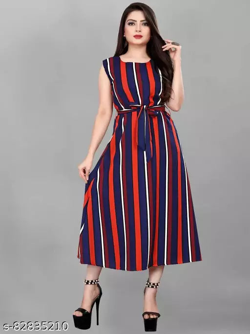 BPT DESIGNER Poly Crepe Stripe Long Dress