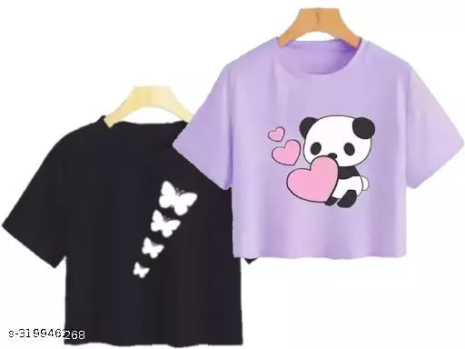 Trendy Feminine Printed Crop Tshirt Round Neck Top For Womens (Combo2)