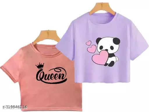 Trendy Feminine Printed Crop Tshirt Round Neck Top For Womens (Combo2)