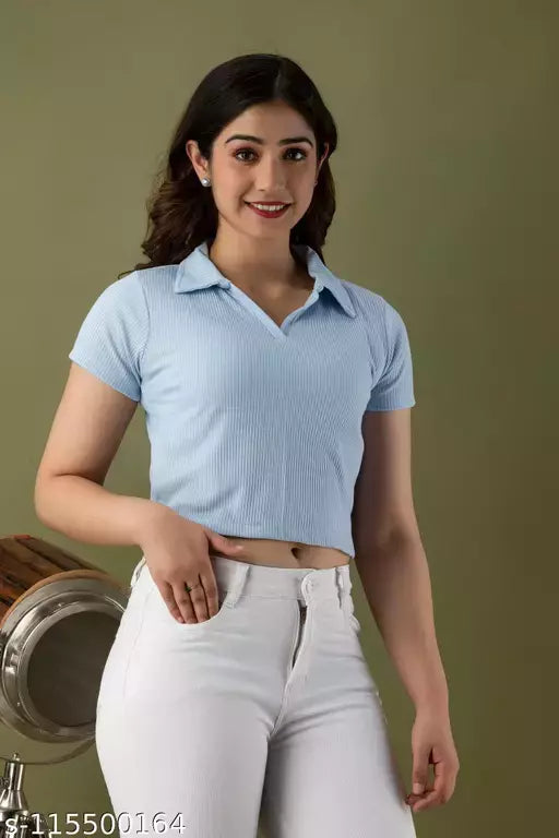Mialo fashion ribbed polo neck crop top