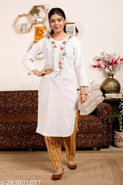 SD TEXTILES KURTI PANT SET/EMBROIDERY KURTI SET /KURTI PANT /TROUSER/COTTON KURTI SET/KURTIS/ KURTIS FOR GIRLS AND WOMEN/ WHITE KURTIS