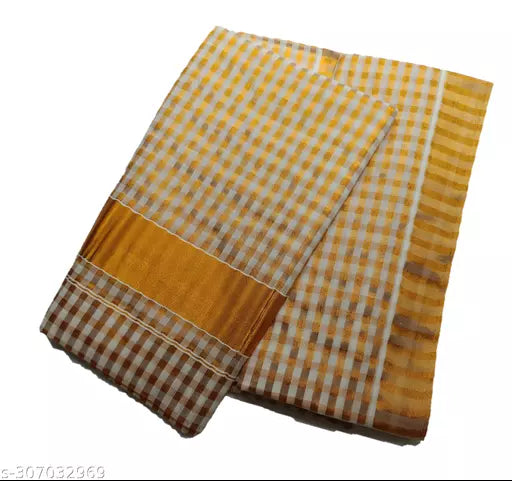 CHECKS ALL OVER REAL HAND WOOVEN KERALA KASAVUE PURE COTTON ART SILK SAREE
