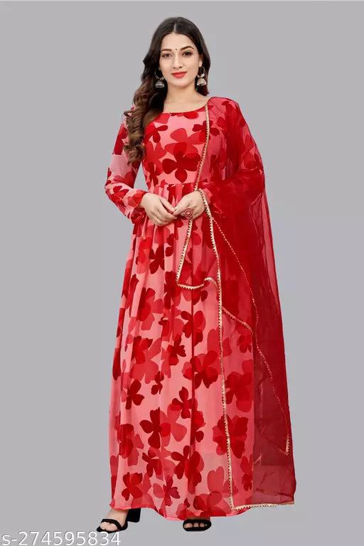 QVAZOR Stylish Fancy Trendy Printed Georgette Gown For Women For Party Wedding Festival Functions