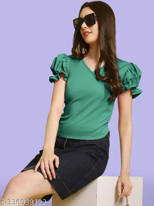 Women Mint Green Solid Puff Sleeve Wrap Top (Women Top | Women Tops | Top)