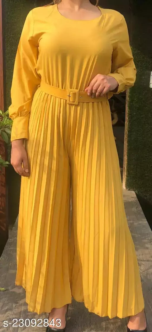 Trendy Full Sleeves  Wide Leg Pleated Women Round Neck Jumpsuit