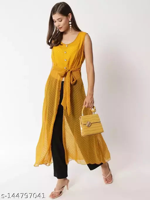 Vivient Woman Yellow Doted front Slit Cut Long Dress