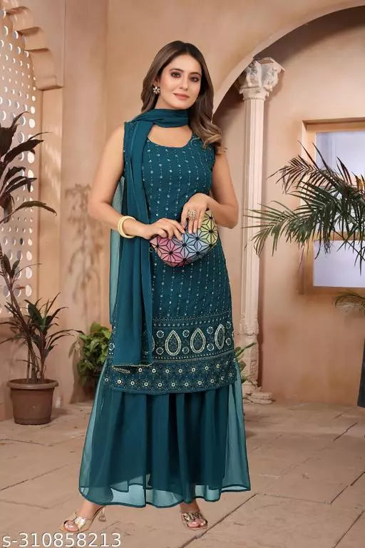 Women Faux Georgette With Embrodery Seqance Work Kurta With Sharara And Dupatta Stiched