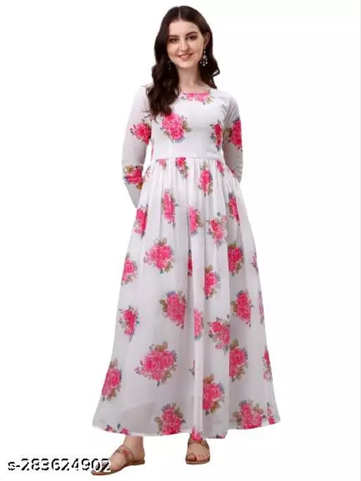 QVAZOR Stylish Fancy Trendy Printed Georgette Gown For Women For Party Wedding Festival Functions