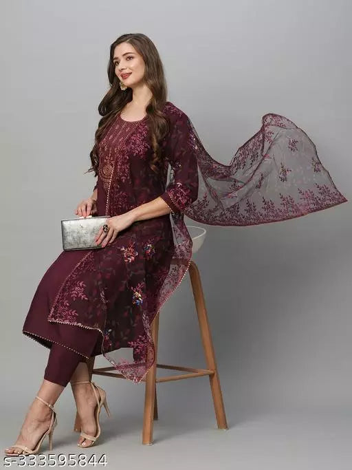 Anni Designer Women's Wine Cotton Blend Straight Embroidered Kurta With Trousers & Dupatta