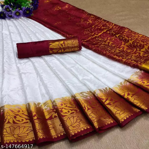 Balaton Silk Blend White Jacquard Saree With Blouse