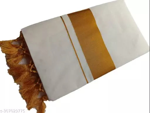 WITH TASSELS / KUNJUM / LATKAN REAL HAND WOOVEN KERALA KASAVUE PURE COTTON COLOR CREAM / BEIGE WITH GOLD COLOR ZARI 2 BY 3 SAREE WITH UNSTICHED BLOUSE