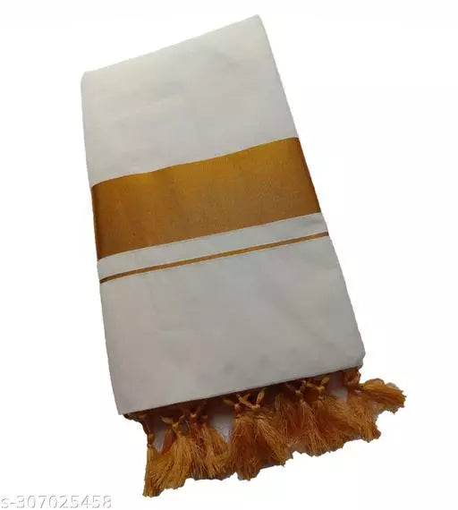 WITH TASSELS / KUNJUM / LATKAN REAL HAND WOOVEN KERALA KASAVUE PURE COTTON COLOR CREAM / BEIGE WITH GOLD COLOR ZARI 2 BY 3 SAREE WITH UNSTICHED BLOUSE