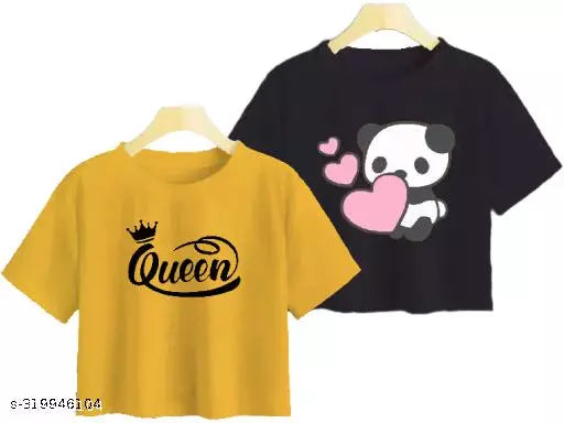 Trendy Feminine Printed Crop Tshirt Round Neck Top For Womens (Combo2)