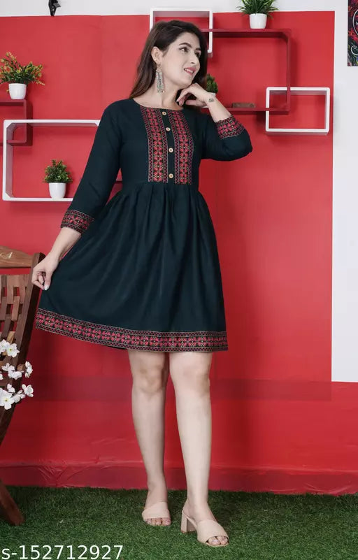 Stylish Rayon Printed Dark Green women Dresses