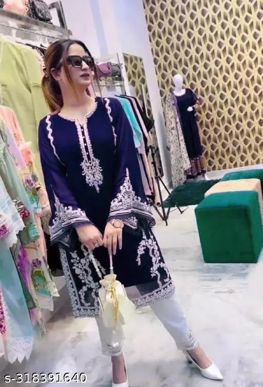 Women Georgette Kurta / Kurti and pant set top for girls simple nayra women ladies Navy Blue color Kurti set combo