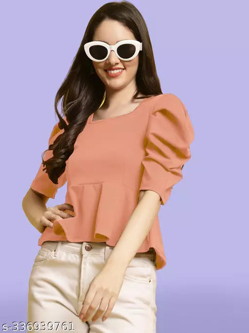 Women Square Neck Puff Sleeves Peplum Top (Women Top | Women Tops | Top)