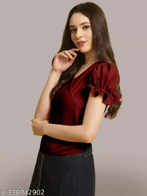 Women Maroon Solid Puff Sleeve Wrap Top (Women Top | Women Tops | Top)