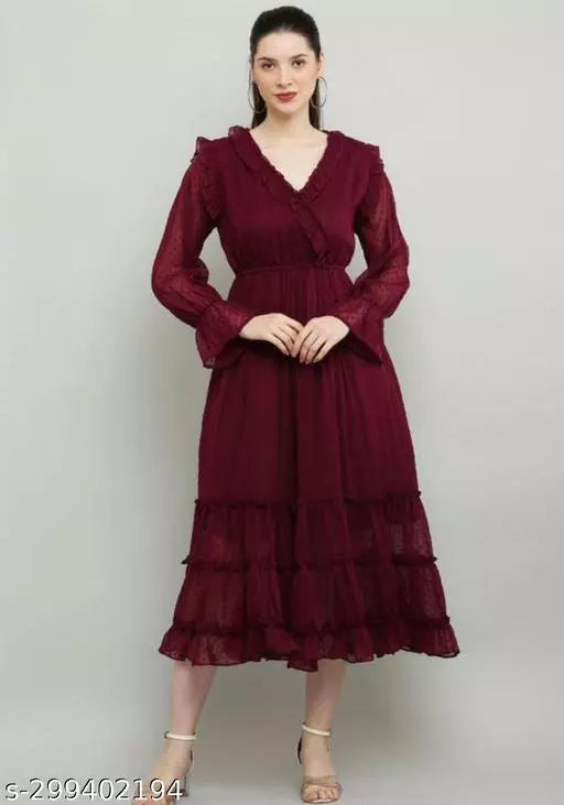 V Neck Long Dress  For Women Georgette Fabrie
