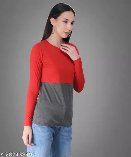 Vivient Women Red and Grey Cotton Blend T-Shirt