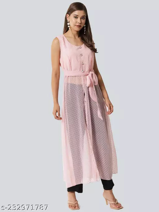 Vivient Women Peach Dotted Front Slit Georgette Kurtis