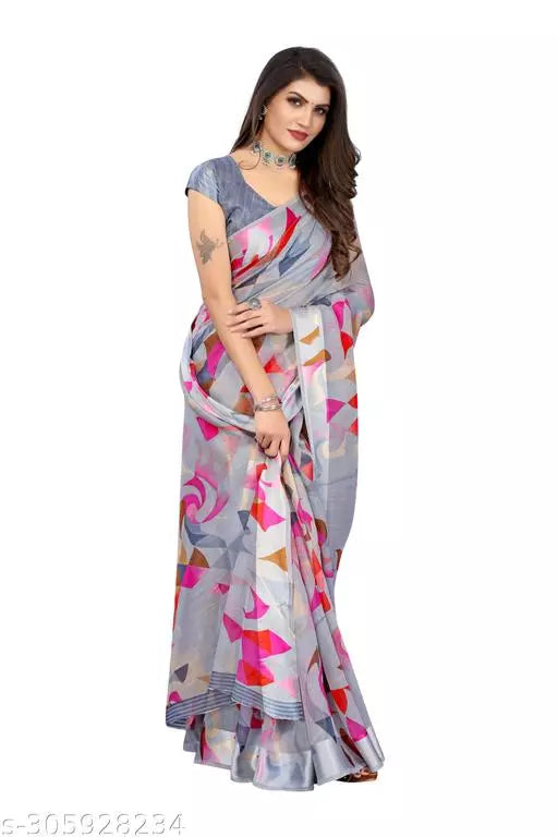 BEST DESIGNER LIGHT WEIGHT COMFERTABLE WEAR BEAUTIFUL SAREE ( CHANDERI COTTON- MIX LENIN) WITH BLOUSE