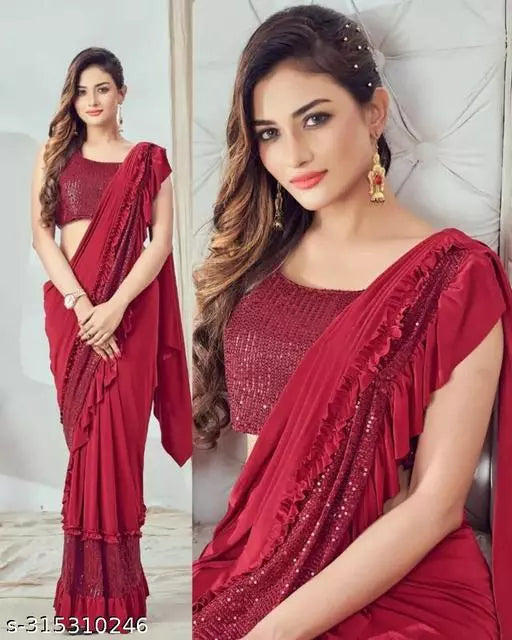 Ready To Wear Lycra  Freel Style Fancy Party Wear Sarees Red Colour Sarees with sequance blouse BY Kraddle