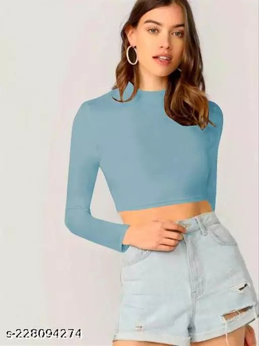Casual Polyester Blend Round Neck Long Sleeves Crop Top