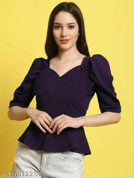 Sweetheart Neck Puff Sleeves Peplum Top (Women Top | Women Tops | Top)