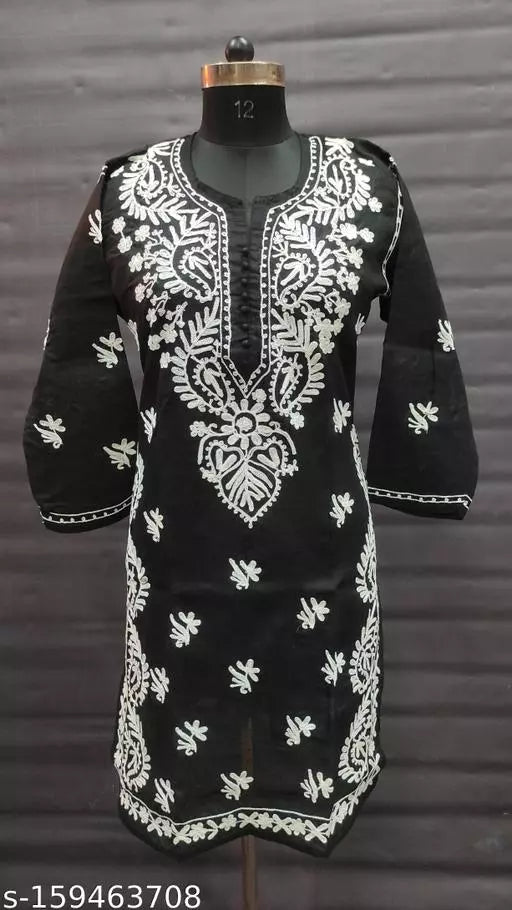 cotton fabric aari work side carry design chikankaari kurti