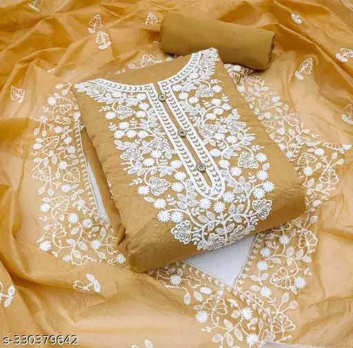 Aayegi Sensationable Trendy Chicku Chanderi Cotton Unstiched Chudidar Patiala Punjabi ChainStich Work Embroidered Party Wear Salwar Suits & Dress Materials