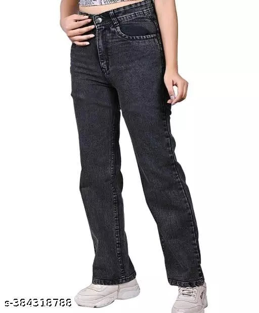 Women s & Girls Causal Denim  Straight Mid Rise Black Jeans use for Outdoor & Indoor.