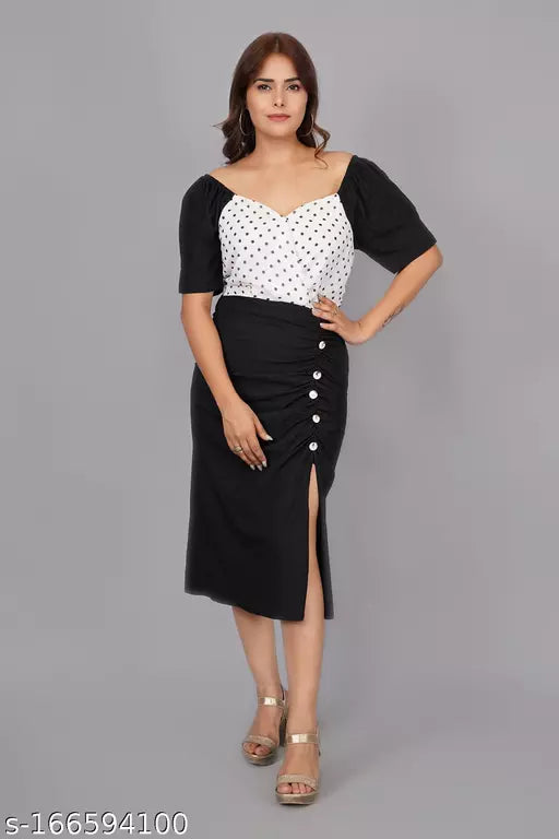 Side Slit Puff Sleeve Polka Doted  Knee Length Bodycon Dress