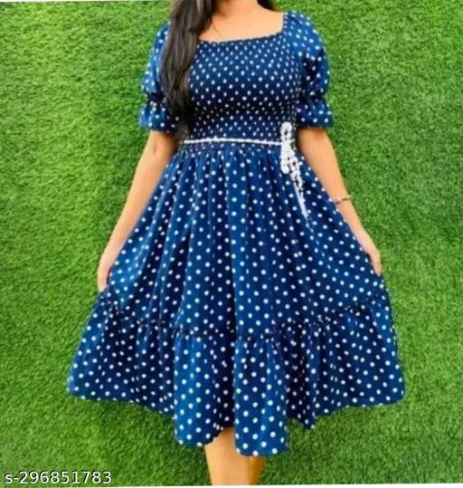 Polka dost printed women formal dress blue