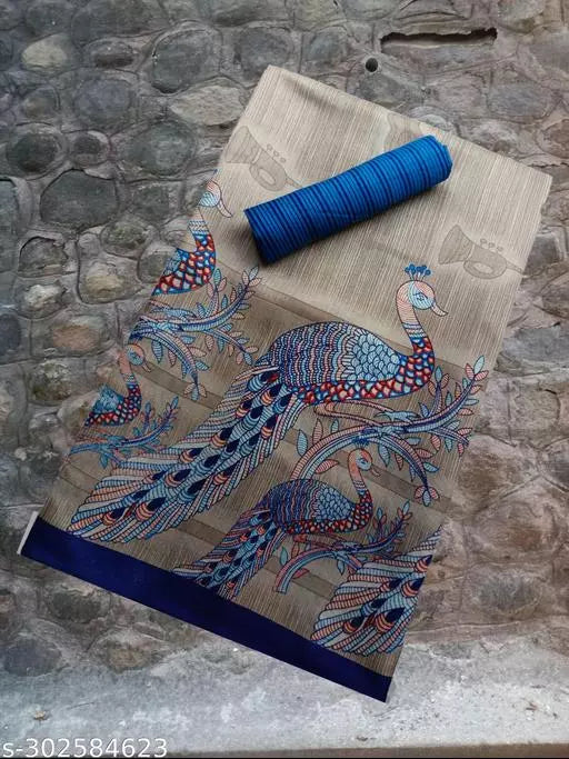 PEACOCK DESIGN LIGHT WEIGHT BEST PRICE ( KHADI -ART SILK MIX MATERIAL) SKIN FRIENDLY SAREE WITH UNSTICHED BLOUSE