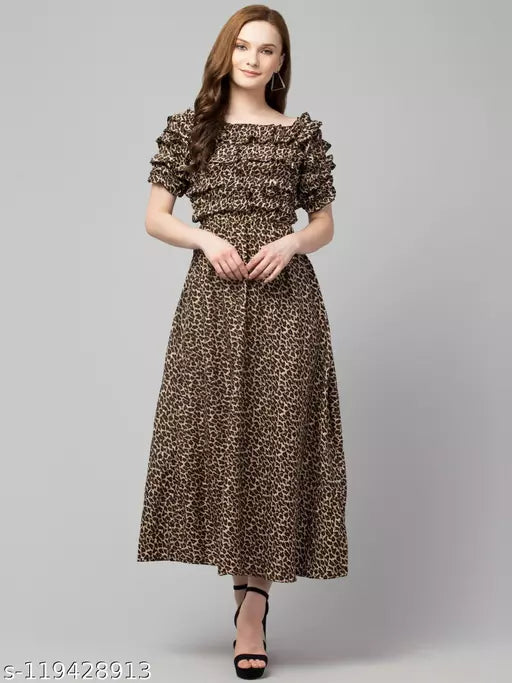 BPT Designer Poly Crepe Long Printed Trendy Dress For Girls Women