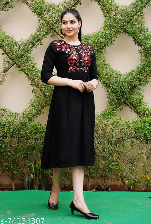 Charvi Black Premium Rayon Printed Women Gown