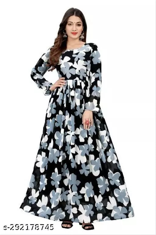 QVAZOR Stylish Fancy Trendy Printed Georgette Gown For Women For Party Wedding Festival Functions