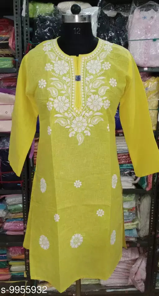 Lucknowi Chikankari Embroiderd Jute Cotton Gol Boota kurti.