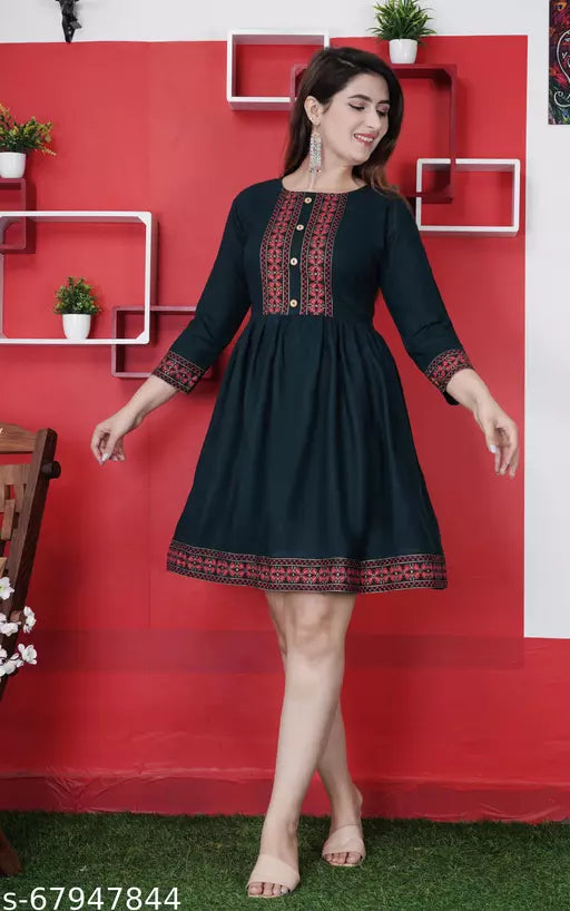 Shree Ganesh fashion's Rayon Anarkali Printed D -Green Kurti for women