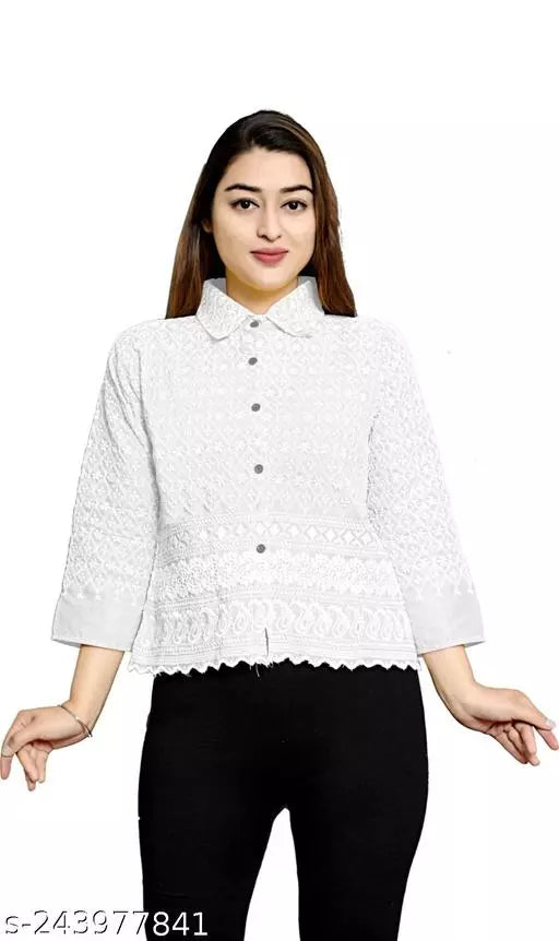 Modern Classic: Women's Spread Collar Shirt with Intricate Embroidery  Crop_Shirt