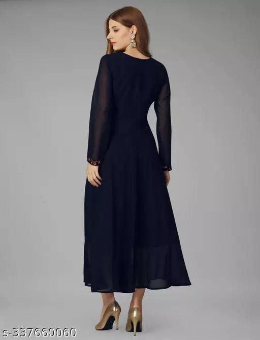 Exquisite Georgette Long Dress - Elegant Party Wear Navy Blue Gown for Women and Ladies