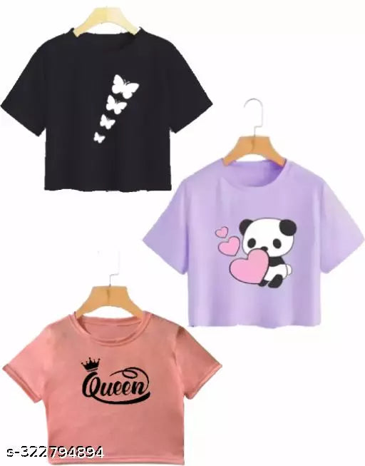 Trendy Feminine Printed Crop Tshirt Round Neck Top For Womens (Combo 3)