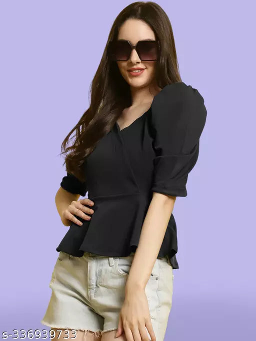 Sweetheart Neck Puff Sleeves Peplum Top (Women Top | Women Tops | Top)