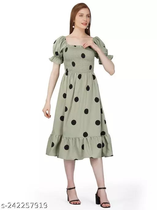 Bell Sleeves Polka Printed Smocking Dresses For Women