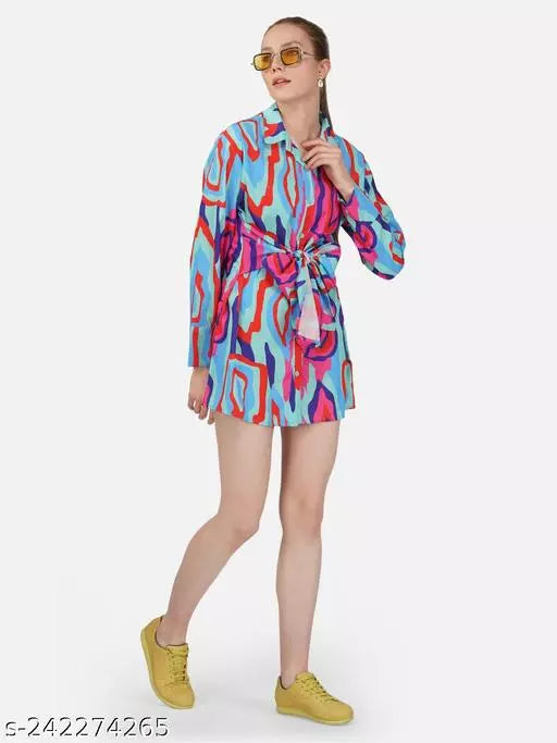 Multicolor Belted Collared Front Open Shirt Style Dresses For Women