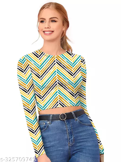 Western Printed Round Neck Crop Top