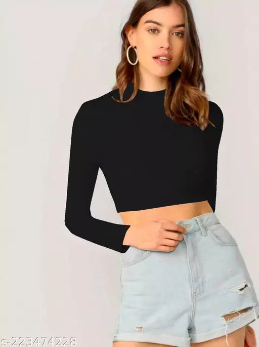 Casual Polyester Blend Round Neck Long Sleeves Crop Top